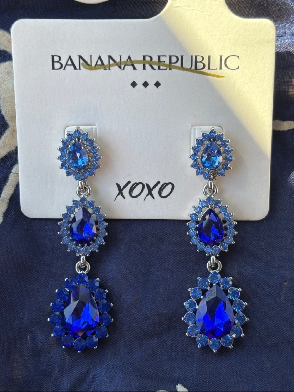 Banana Republic Royal Blue Teardrop Crystal Drop Earrings Tiered Sparkly Formal
